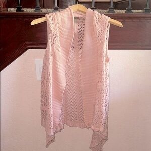 Pink Knit Sleeveless Open Coastal Bohemian Cardigan See Through Sweater Size SML